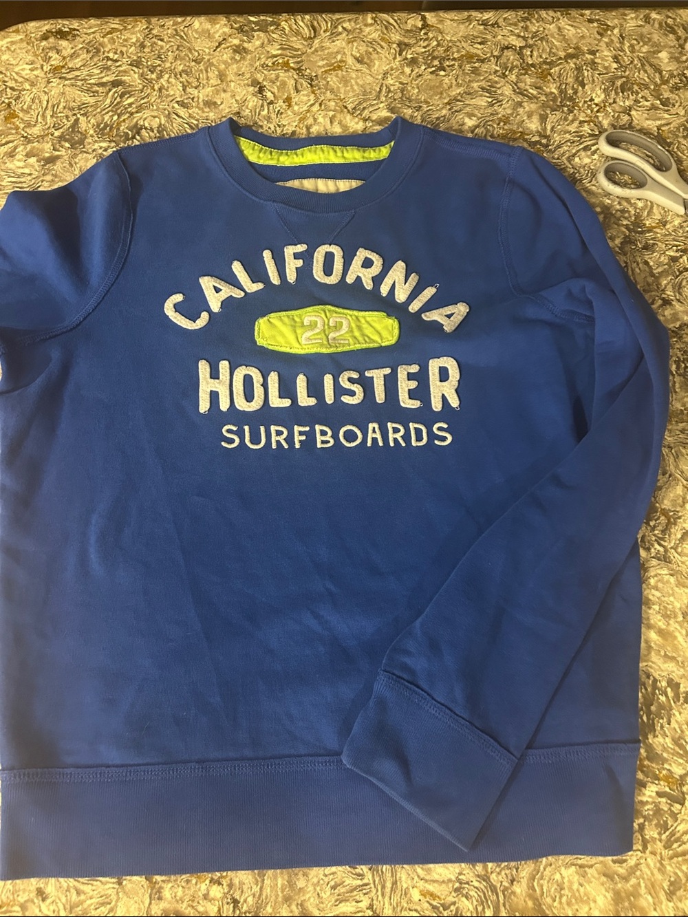 Hollister Men's Royal Blue Crewneck Sweatshirt with Neon Yellow Detail